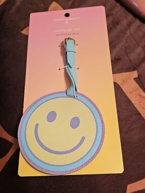 Stoney Clover Lane Yellow Smiley Face Luggage Tag with Blue & Purple Trim